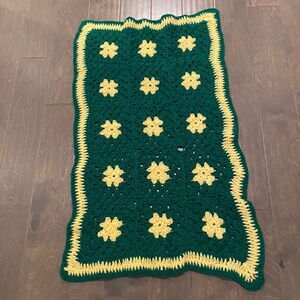 Handmade Crochet Afghan Blanket Granny Square Green‎ Yelllow Boho Vintage Throw